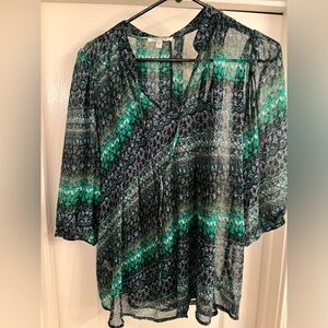 Daniel Rainn, black and green print sheer top with build in cami, size small